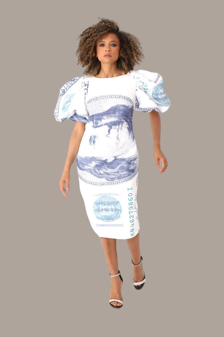 Front view of dollar print scuba puff sleeve midi dress showing modern silhouette.