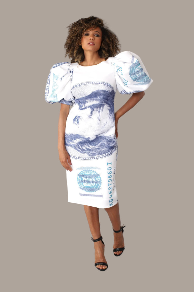 Dollar print scuba midi dress styled for a chic statement women's outfit.