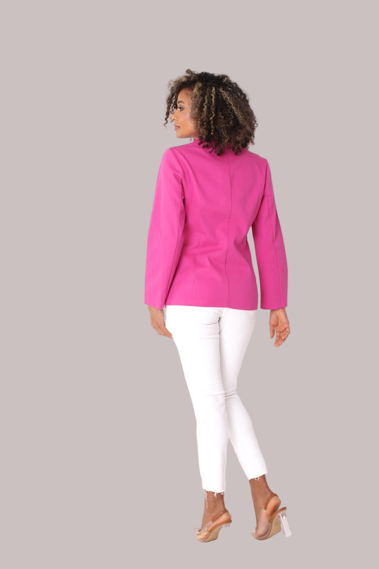 Fuchsia double-breasted blazer shown from the back, highlighting the tailored fit, clean back seams, and structured silhouette with gold-tone button detailing by For Her NYC