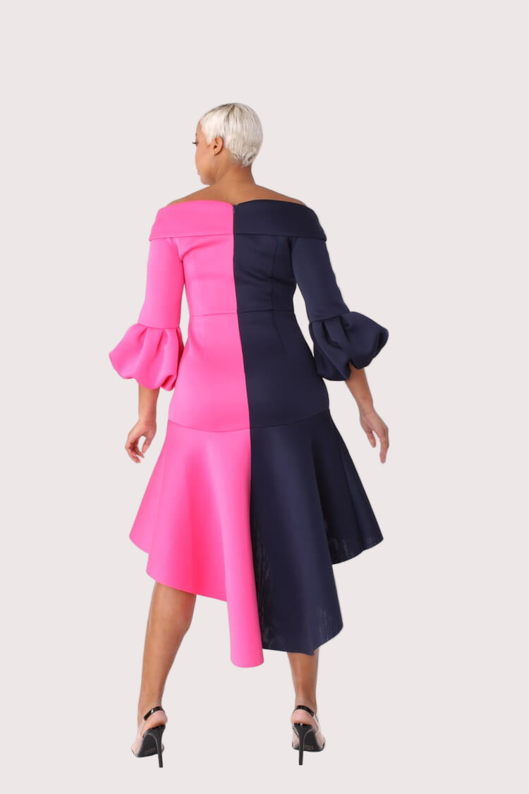 Dramatic flounce sleeve midi dress front view showcasing bold color contrast and elegant movement by For Her NYC