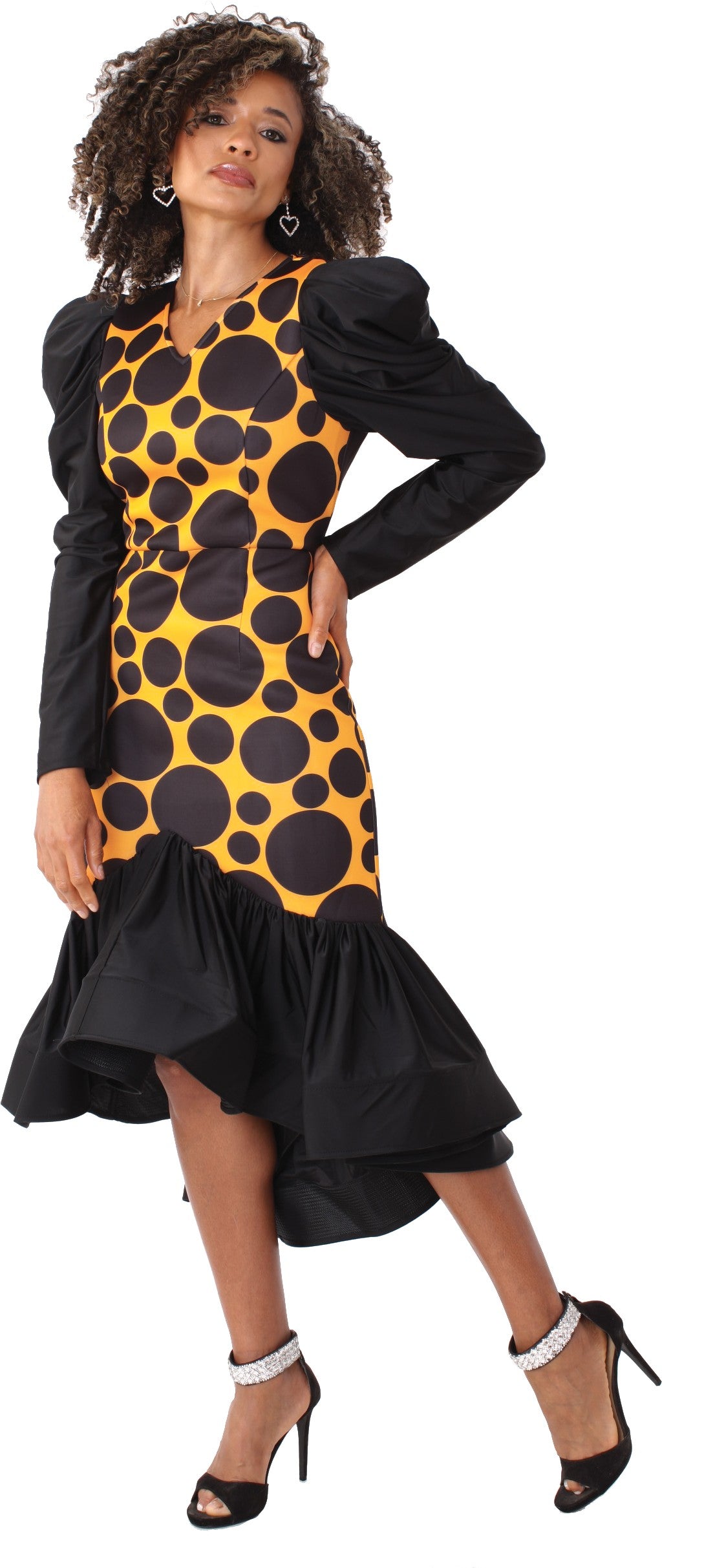 DRESS W/ PUFF SLEEVE AND DOTS PRINT - BLK/MUSTARD