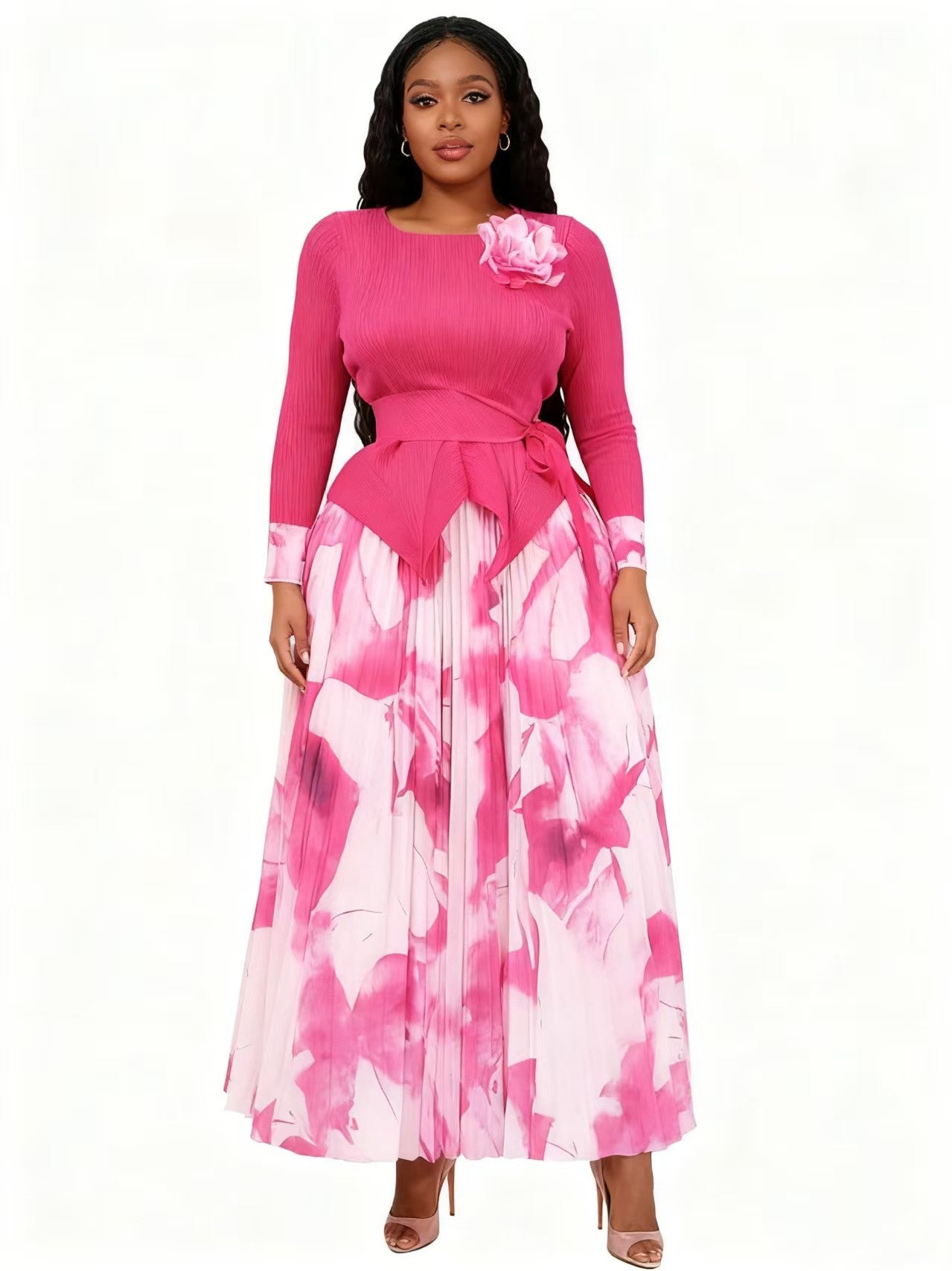 Front view of model wearing a pink top with white floral pleated midi skirt set, For Her NYC