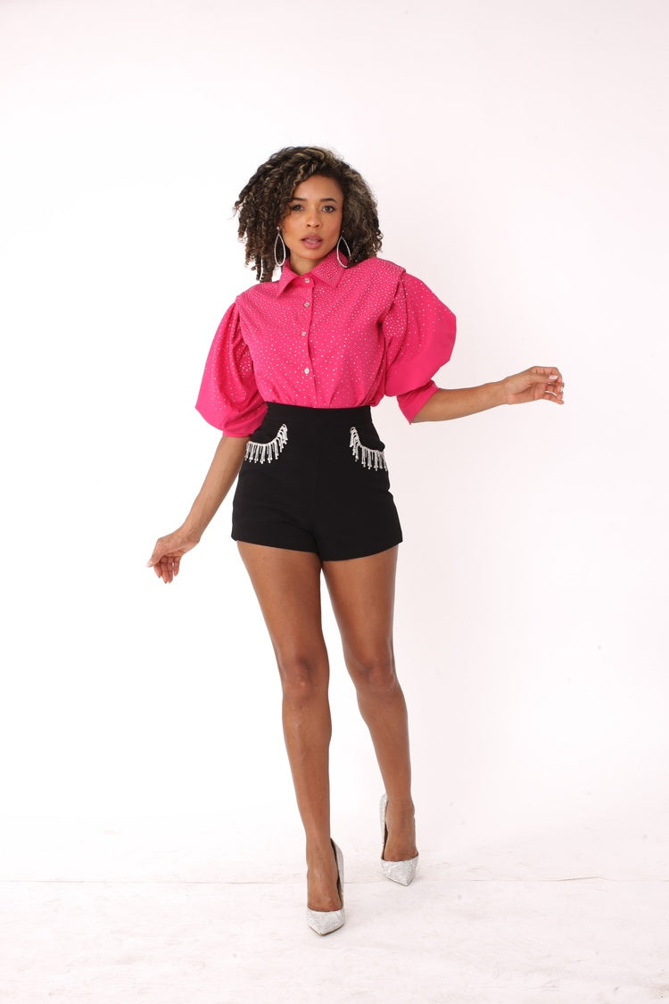 Fuchsia embellished long sleeve rhinestone shirt with puff sleeves front pose – For Her NYC