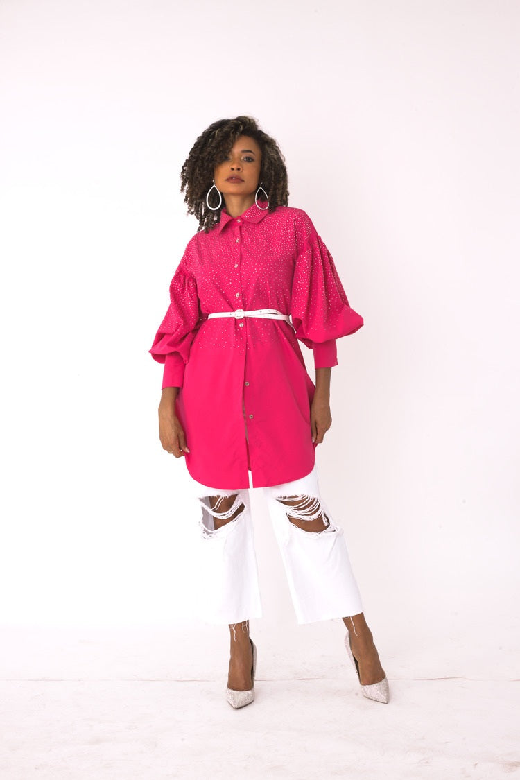 Fuchsia embellished long sleeve rhinestone shirt styled as a tunic with white distressed pants and heels – For Her NYC