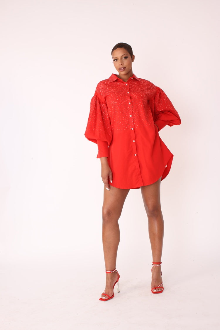 Red embellished long sleeve rhinestone shirt front modeling pose – For Her NYC