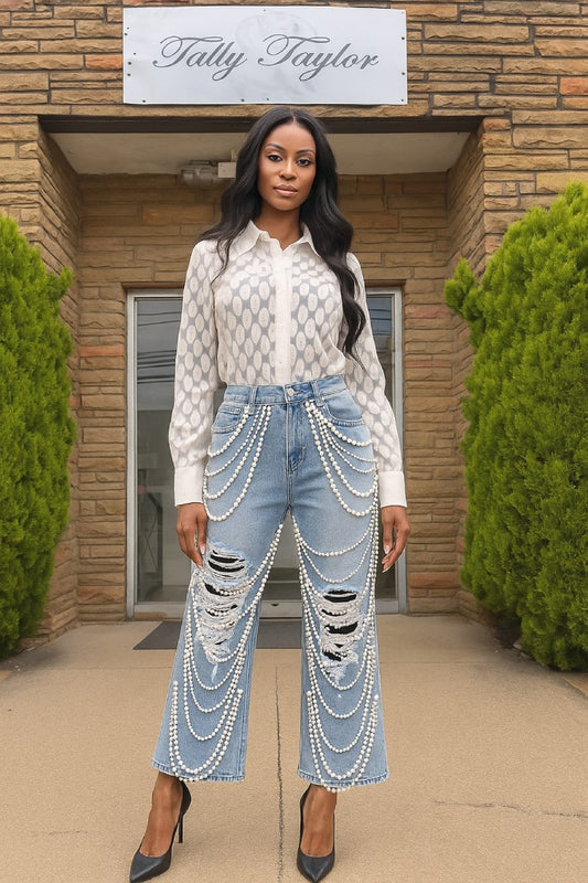 Light wash wide leg denim pants with pearl and crystal embellishments, front full view styled for a statement look by For Her NYC