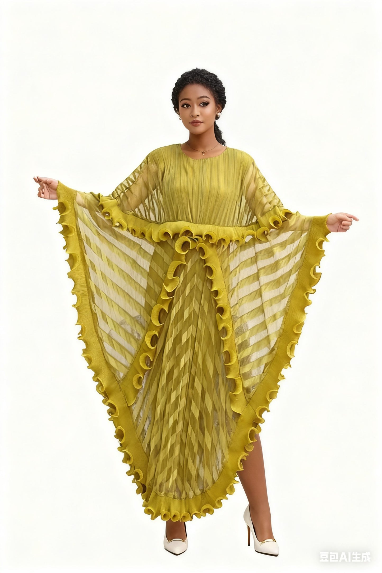 Model wearing a yellow pleated maxi dress with cascading ruffles and sheer striped sleeves, front view – For Her NYC
