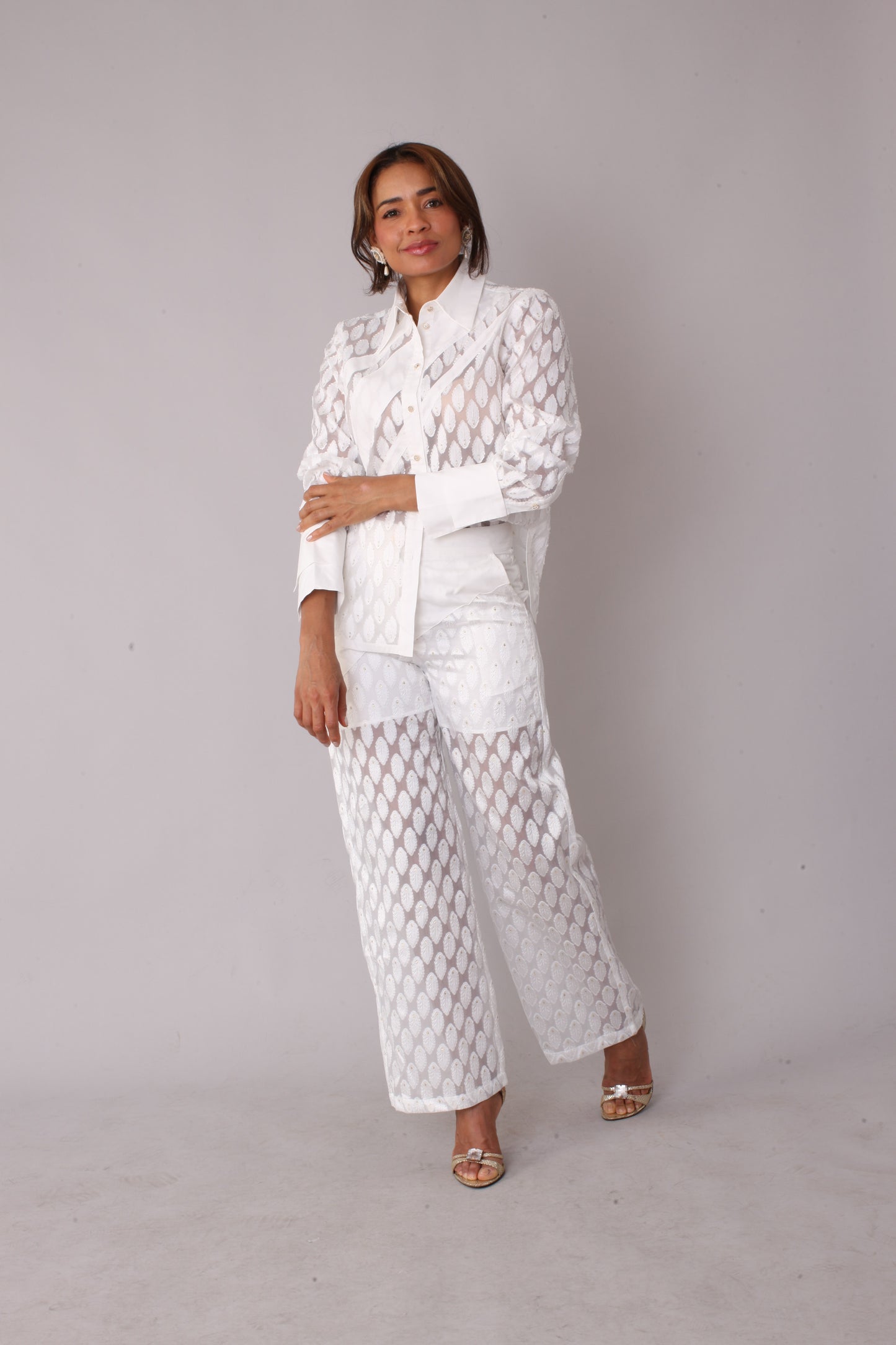 White eyelet tulle top with feather pattern shown front full body view, sheer blouse styled with matching pants, For Her NYC