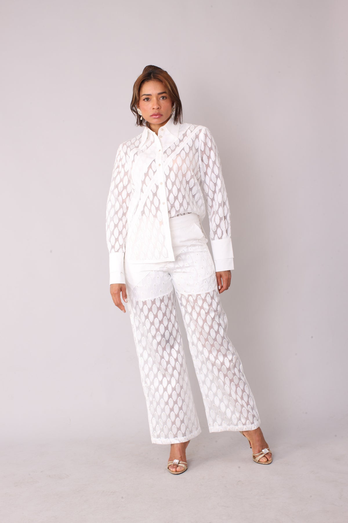 White eyelet tulle top with feather pattern shown front full body view, sheer blouse styled with matching pants, For Her NYC