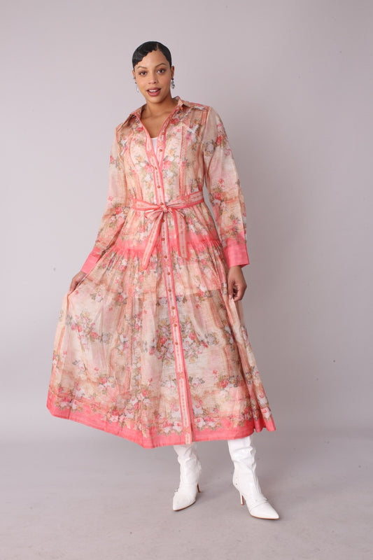 Floral print shirt dress front view — long sleeve collared maxi dress in pink floral.