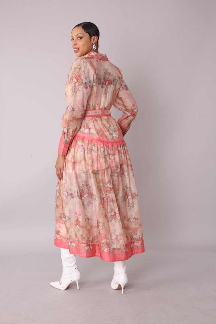 Floral print shirt dress side pose — feminine lightweight maxi dress in pink tones.