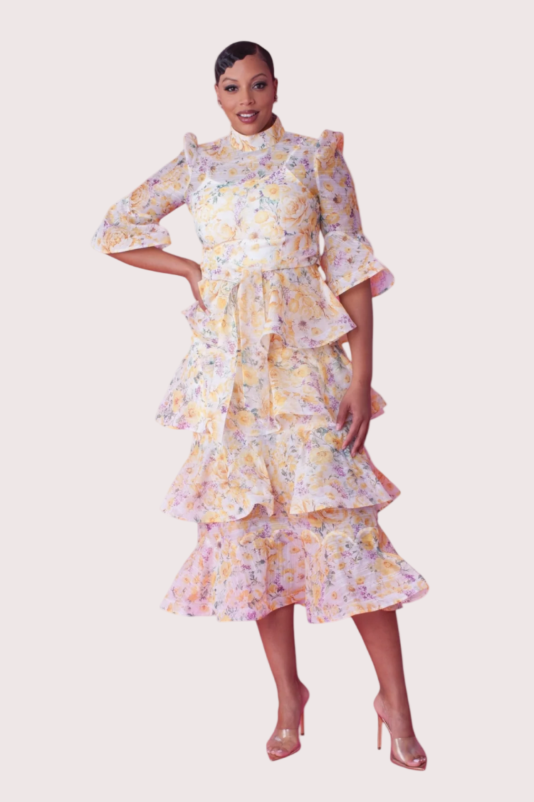 Front view of yellow floral tiered ruffle midi dress with puff sleeves – For Her NYC