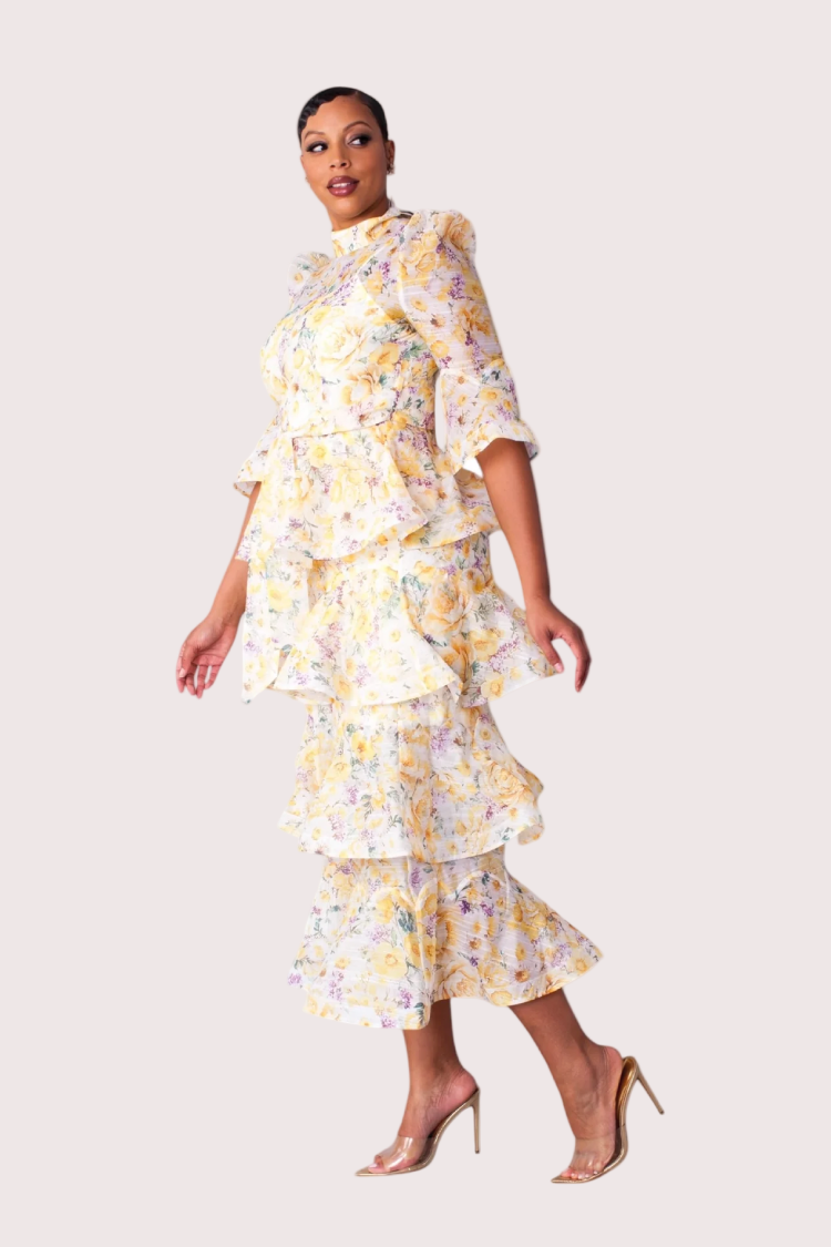 Floral Tiered Ruffle Midi Dress -82718 YELLOW Floral / 1X Floral Tiered Ruffle Midi Dress -82718 YELLOW Floral / 1X
