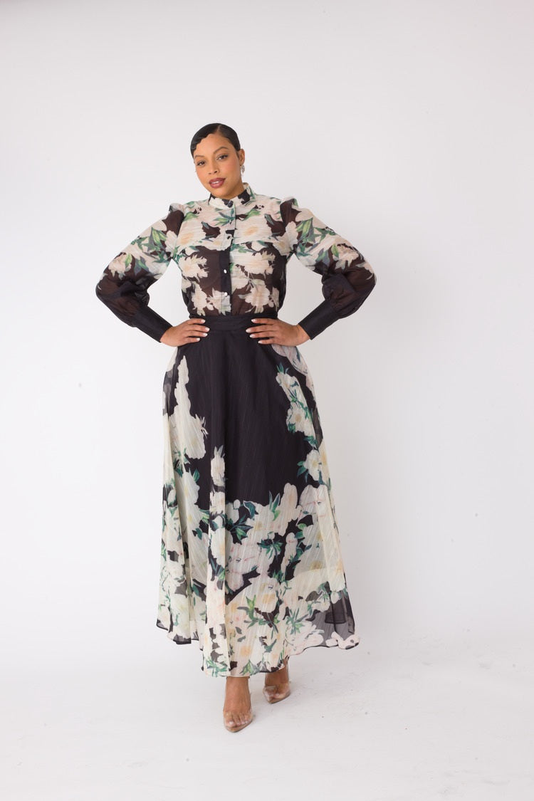 Front view floral two-piece dress set with flowing skirt and mandarin collar blouse – For Her NYC