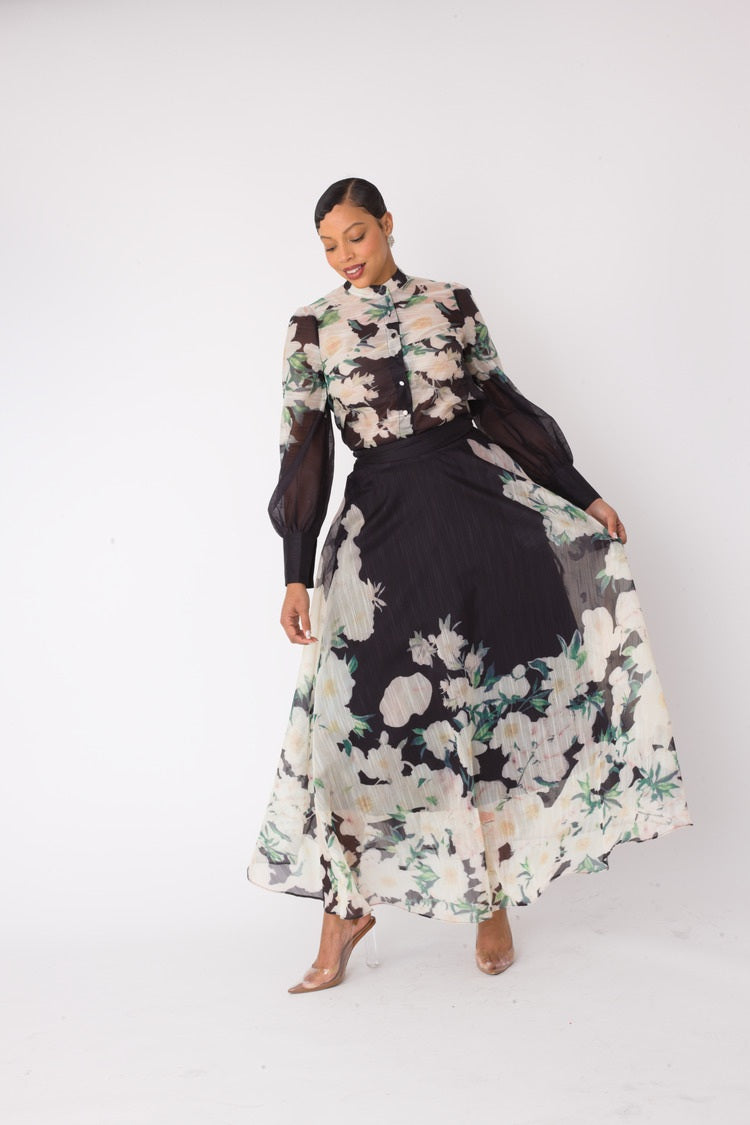 Side view floral two-piece dress set showing pleated skirt movement – For Her NYC