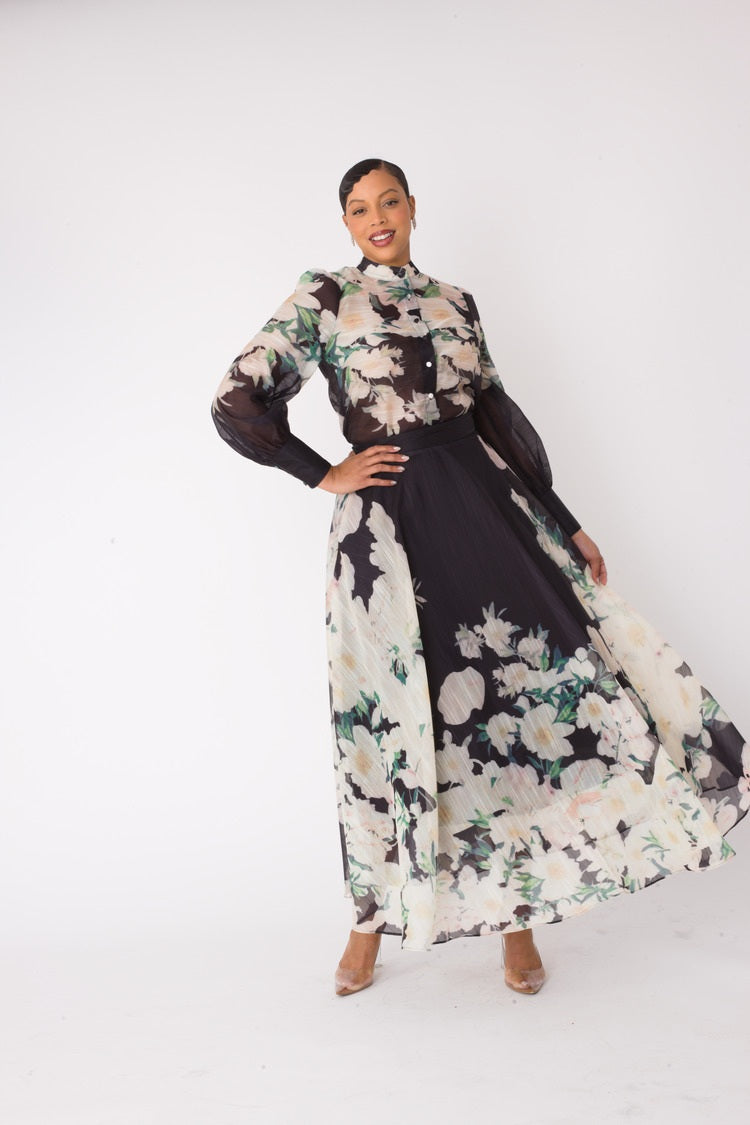 wirl pose of floral two-piece dress set showing billowing skirt and floral print – For Her NYC