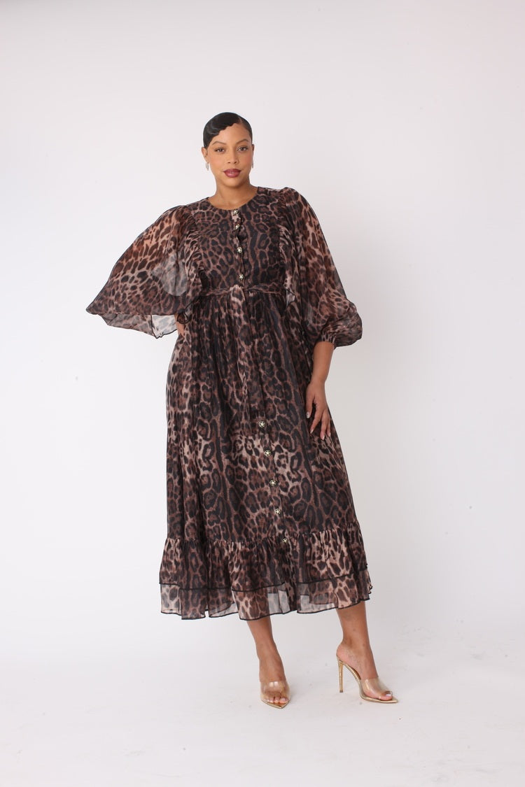 flowy leopard print dress LEOPARD PRINT EMPIRE WAIST SLEEVELESS FLOWY MINI DRESS V / BROWN / S