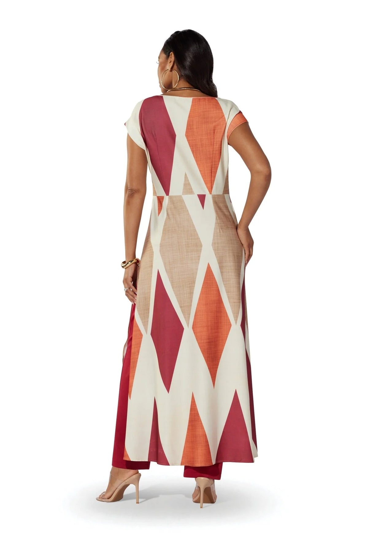 Back view of the For Her NYC Bisa Print Pantset featuring a cream, orange, red and beige geometric print tunic with coordinating pants, style S0718.