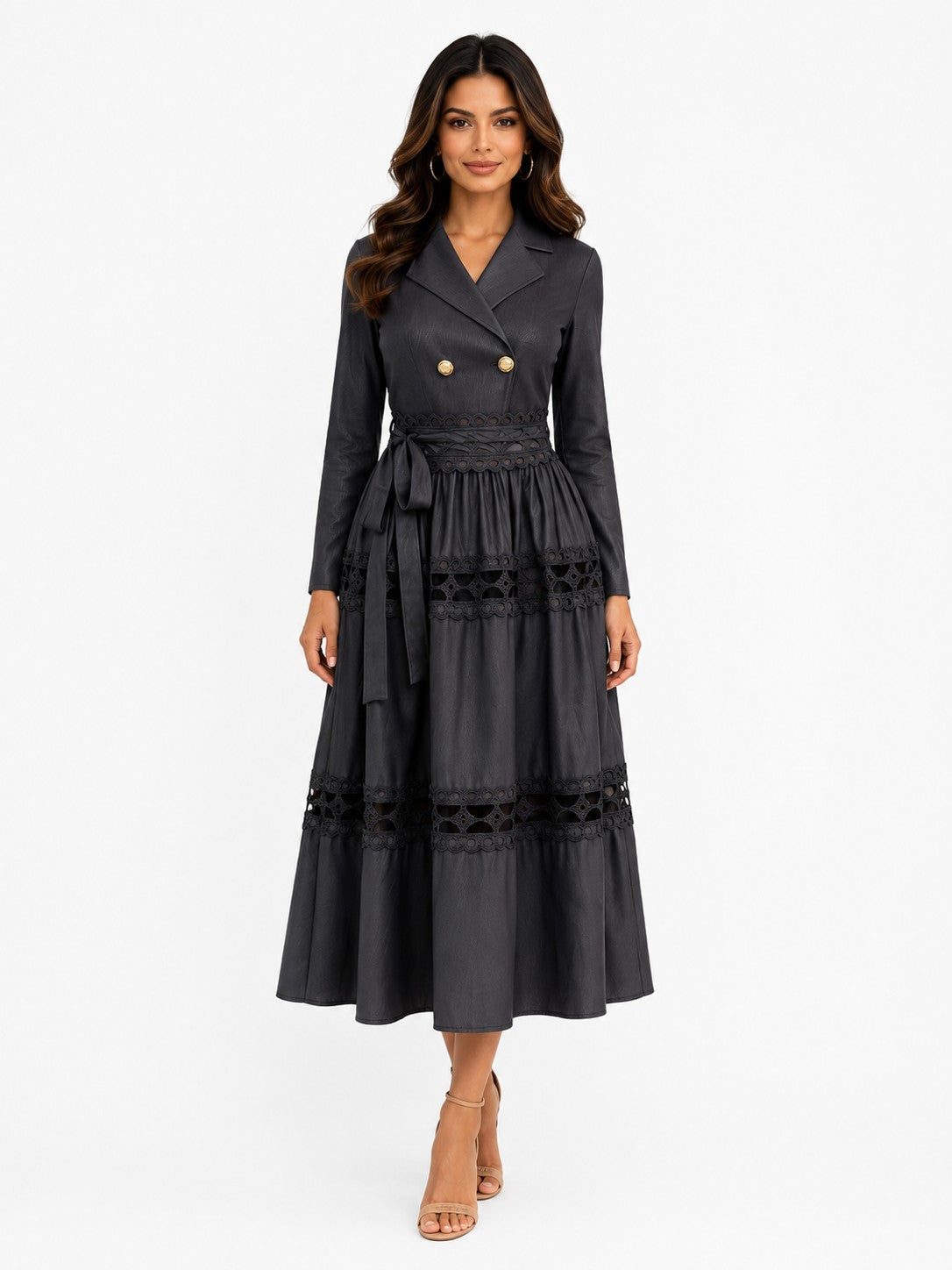 For Her NYC women's black long-sleeve midi dress featuring a double-breasted blazer-style neckline, belted waist, and intricate lace trim detailing