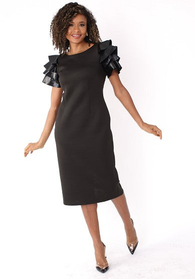 Front view of a model wearing the For Her NYC black Ruffle Sleeve Midi Dress - 82050 with a dramatic tiered faux-leather sleeves