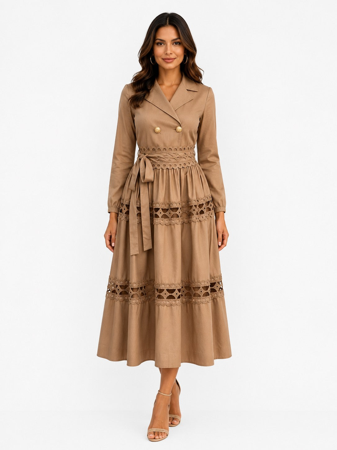 For Her NYC women's light brown long-sleeve midi dress featuring a double-breasted blazer-style neckline, belted waist, and intricate lace trim detailing