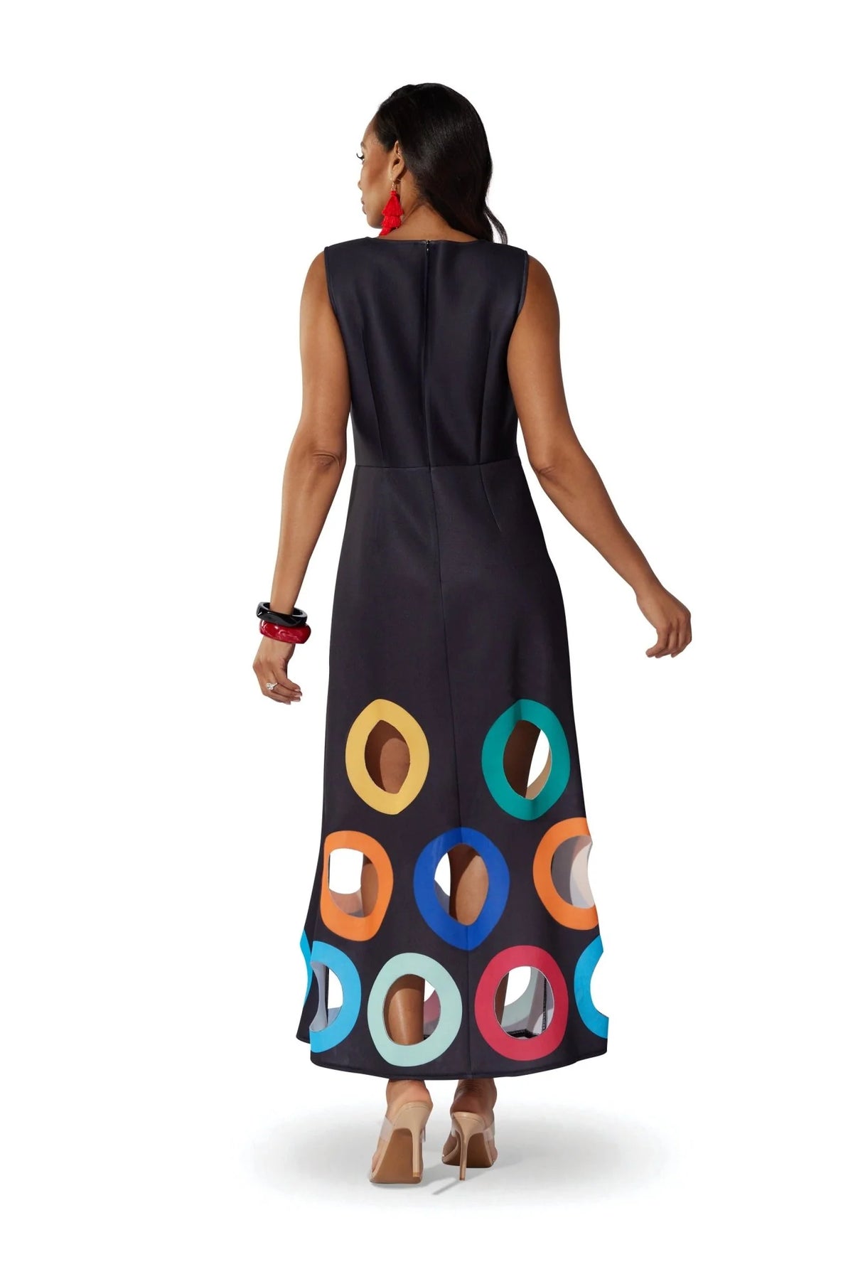 Back view of the For Her NYC Colorful Circles Cutout Dress in black with multicolor circle cutout details along the skirt, style S0176.