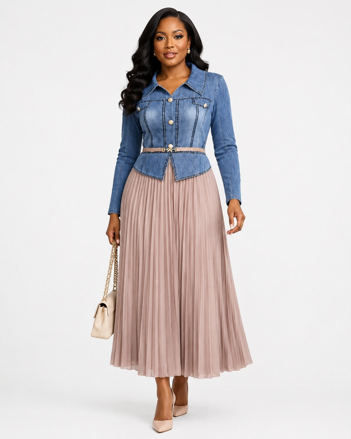 Front view of a model wearing the blue denim and blush For Her NYC Denim Pleated Midi Dress with Belt - 83462, featuring a collared button-front bodice, long sleeves, chest pockets, and a flowing pleated skirt
