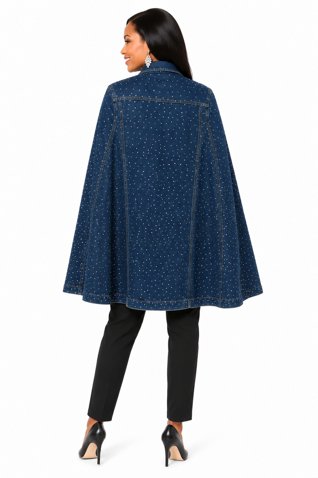 Back view of the For Her NYC Embellished Cape Jacket featuring an allover rhinestone-studded denim design and flowing cape silhouette, style S0279.
