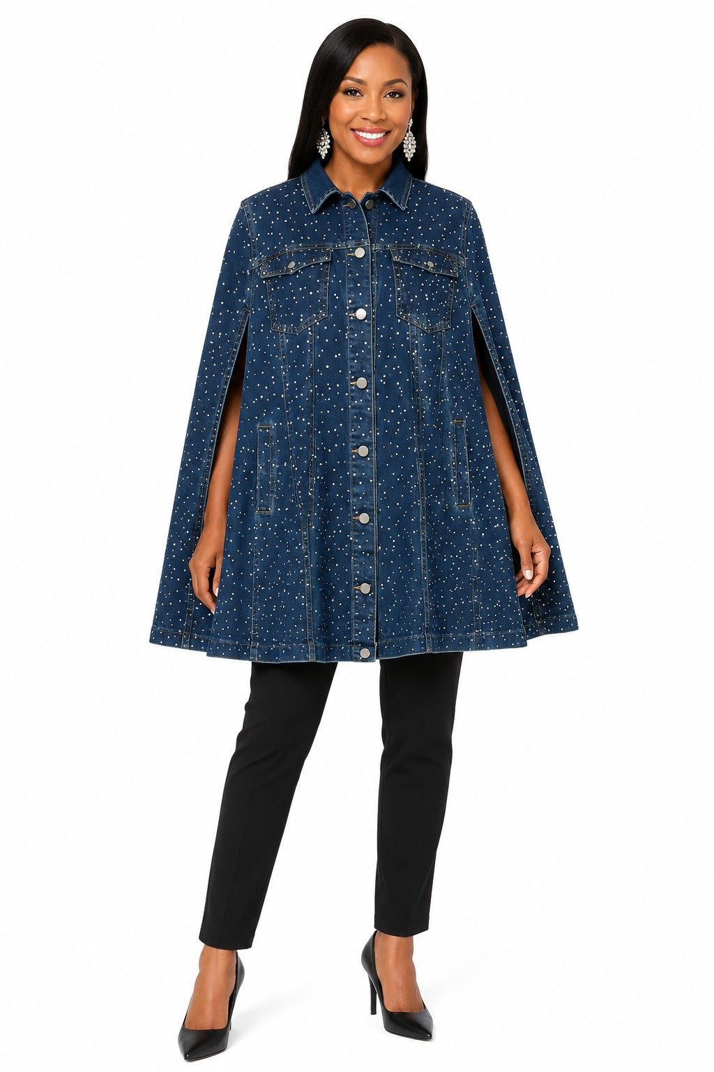 Front view of the For Her NYC Embellished Cape Jacket featuring a rhinestone-studded denim design, button front, chest pockets and cape silhouette, style S0279.