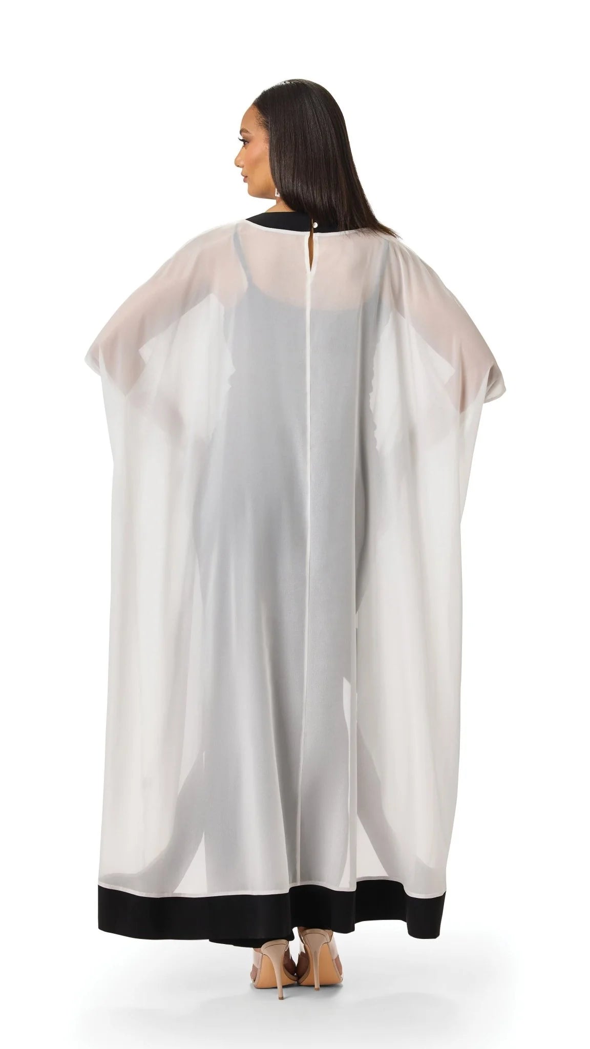 Back view of the For Her NYC Flowy High-Low Chiffon Pant Set featuring a long sheer chiffon overlay with contrast hem and coordinating pants, style S0281.