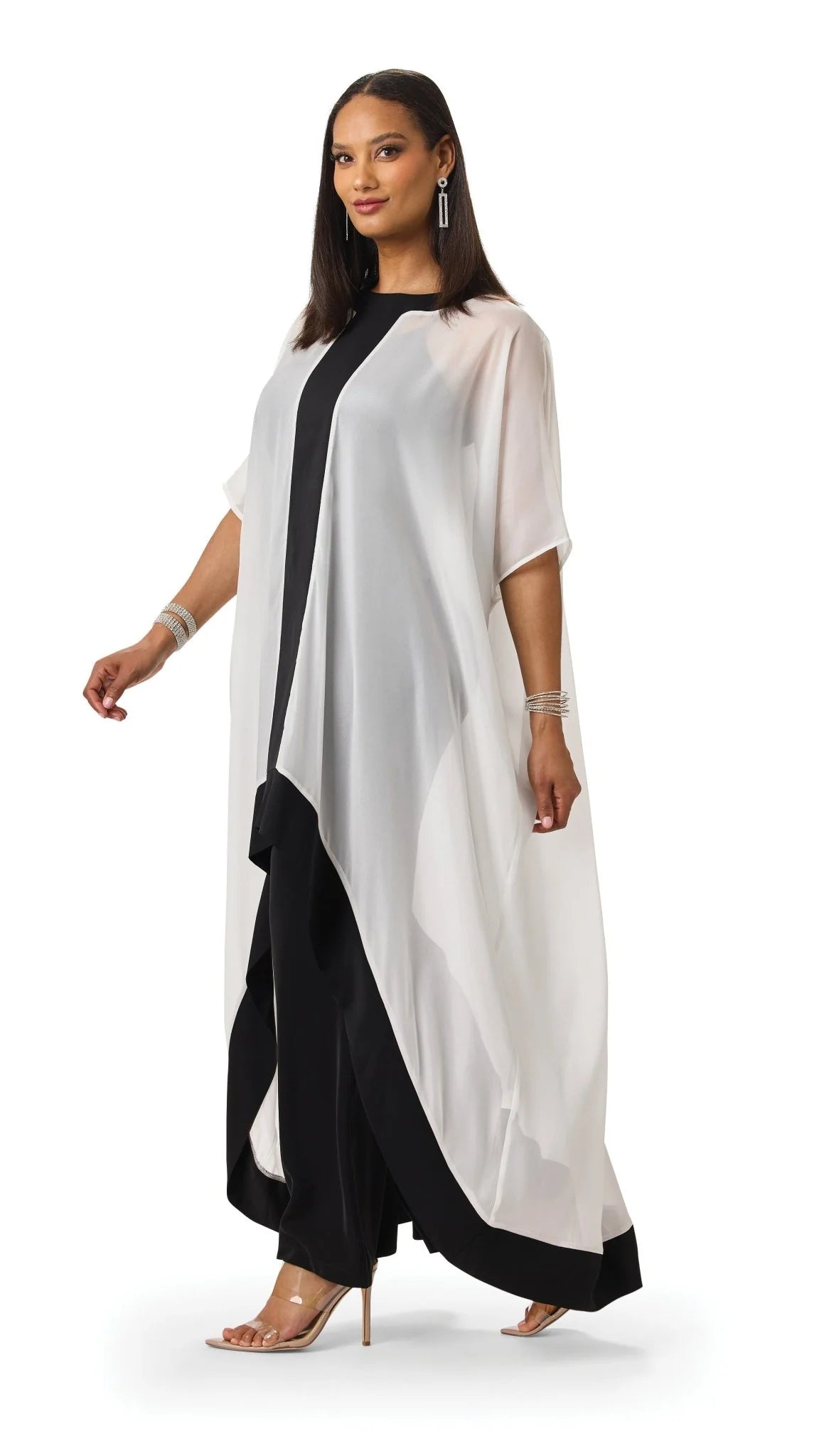 Side view of the For Her NYC Flowy High-Low Chiffon Pant Set showcasing the flowing asymmetric overlay, contrast trim and wide-leg pants, style S0281.