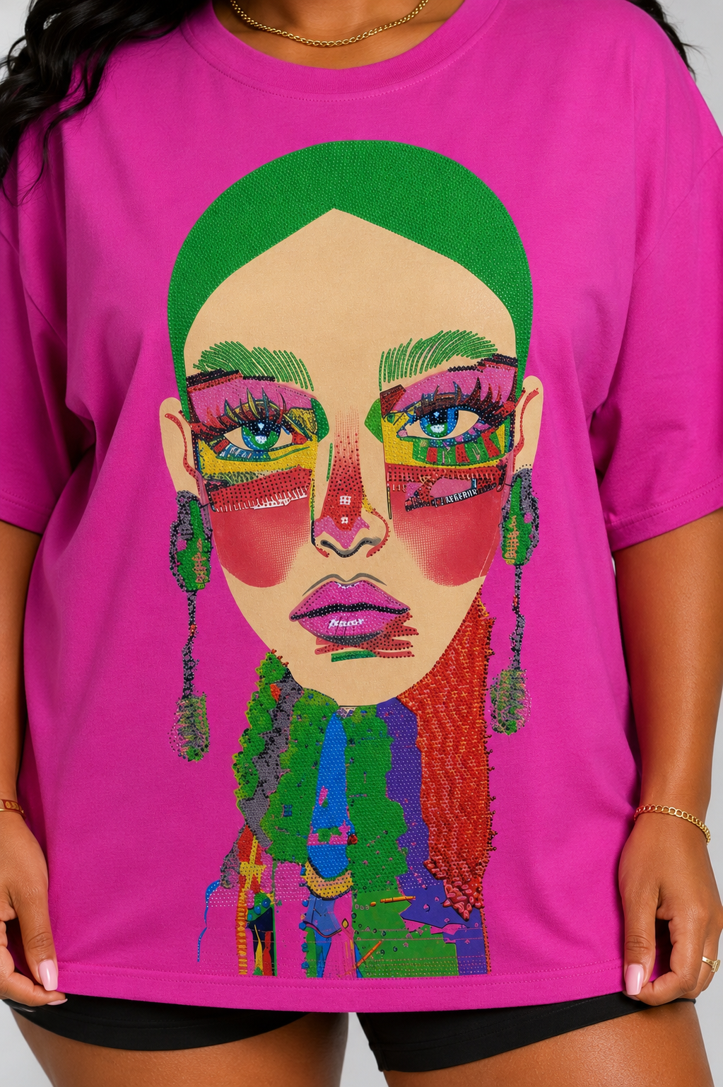 For Her NYC fuchsia multi Electric Portrait Rhinestone Tee featuring a colorful portrait graphic with sparkling rhinestone accents and a relaxed oversized fit.