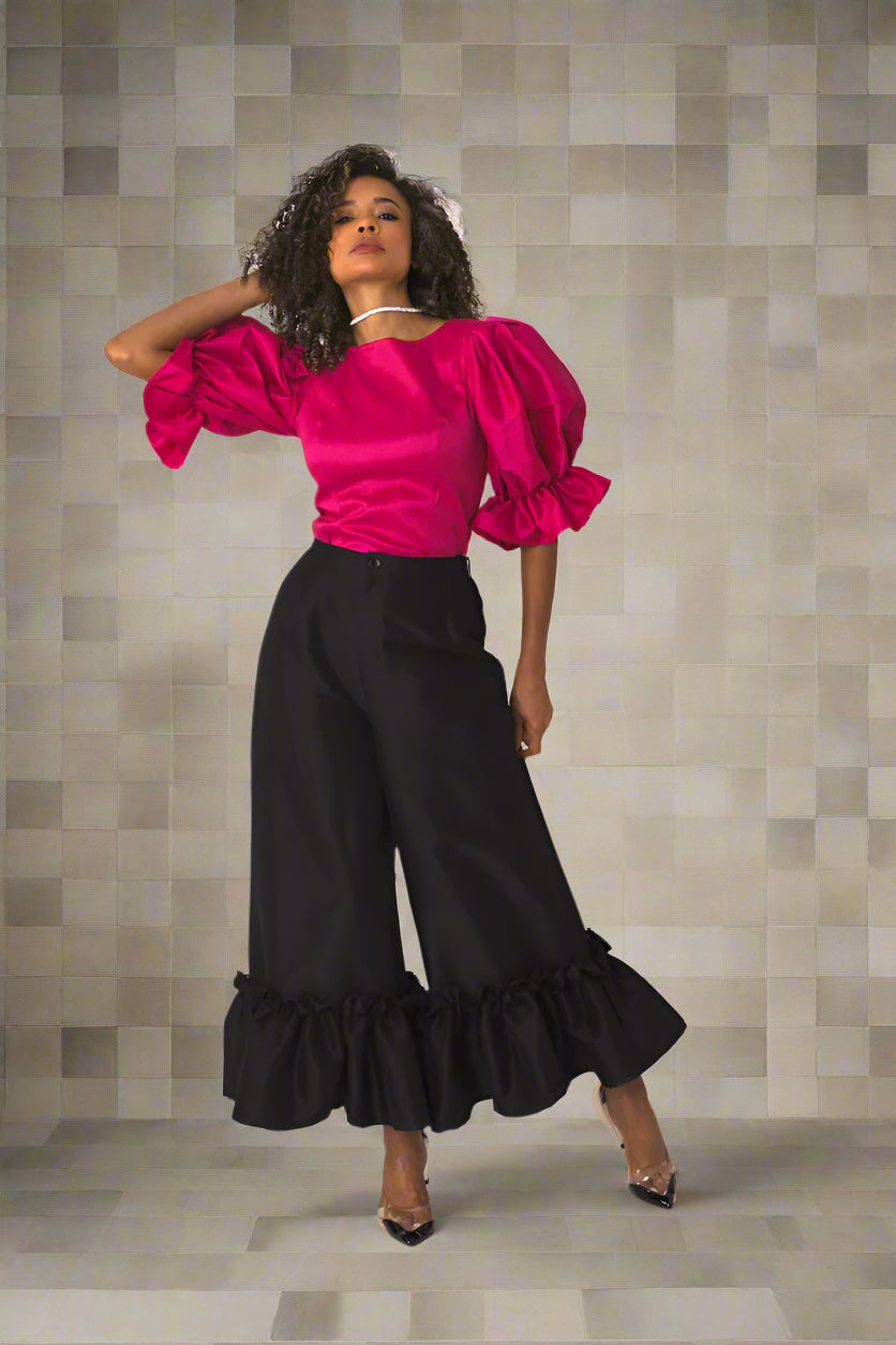 Fuchsia puff sleeve satin blouse front standing look highlighting puff structure — For Her NYC