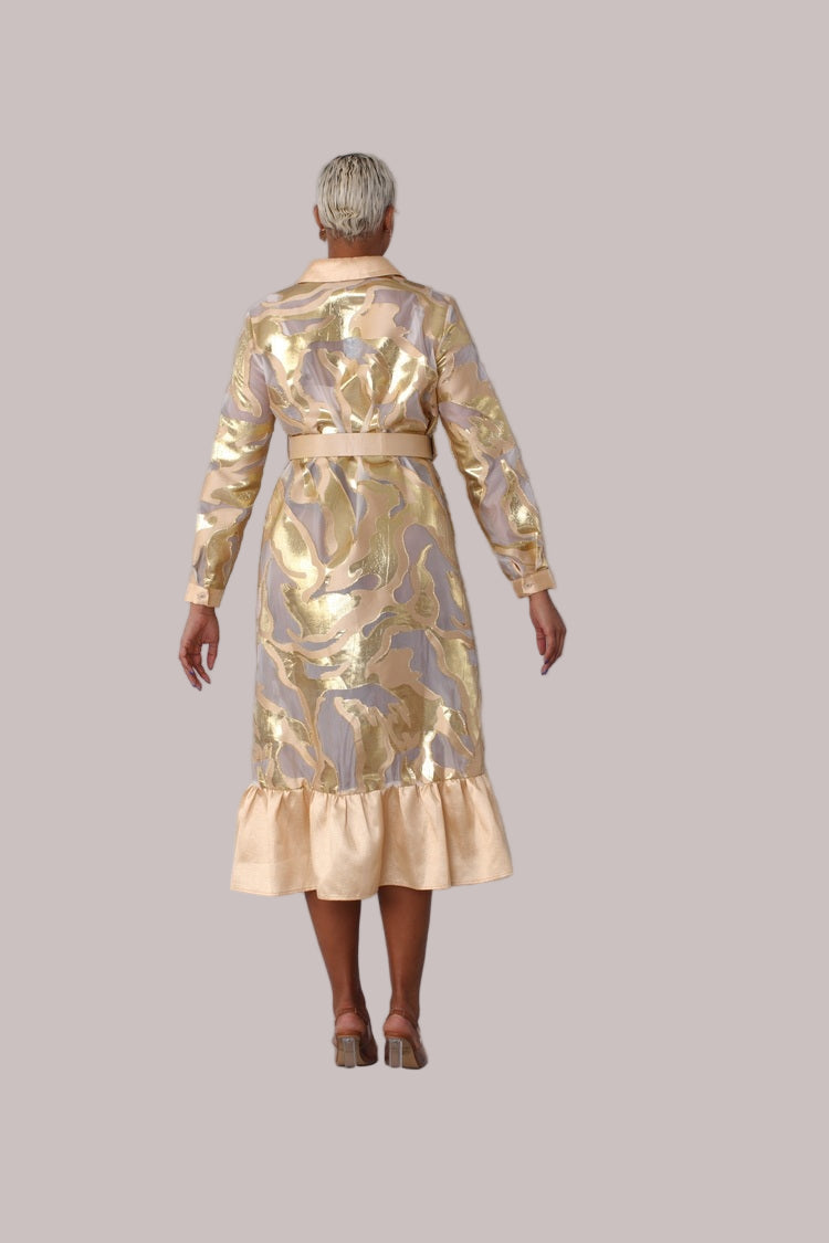 Back view of gold metallic organza dress showing high low hem and organza detail. For Her NYC.