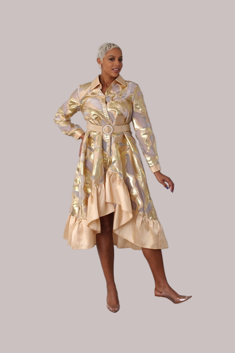 Gold metallic organza dress front angle showing ruffled texture and belted waist. For Her NYC.