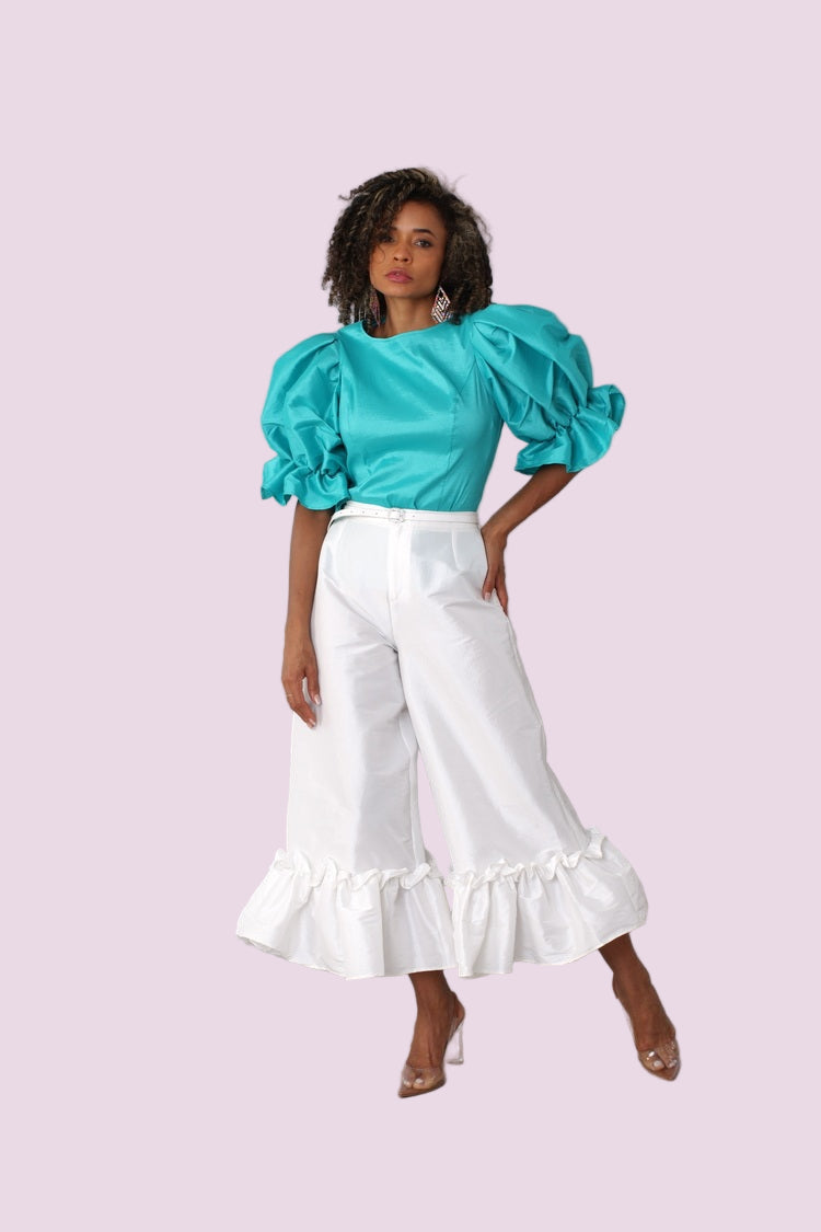 Jade puff sleeve satin blouse close front detail showing neckline and sleeve structure — For Her NYC