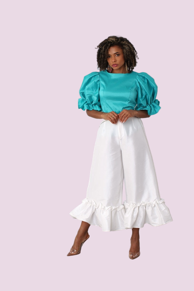 Jade puff sleeve satin blouse mid step to highlight movement and texture — For Her NYC
