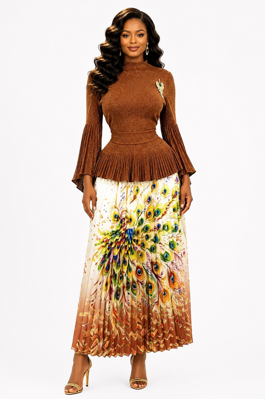 Front view of a model wearing the brown For Her NYC Jeweled Puff Sleeve Midi Dress - 83454 with a jeweled brooch, pleated peplum top, and multicolor peacock print skirt