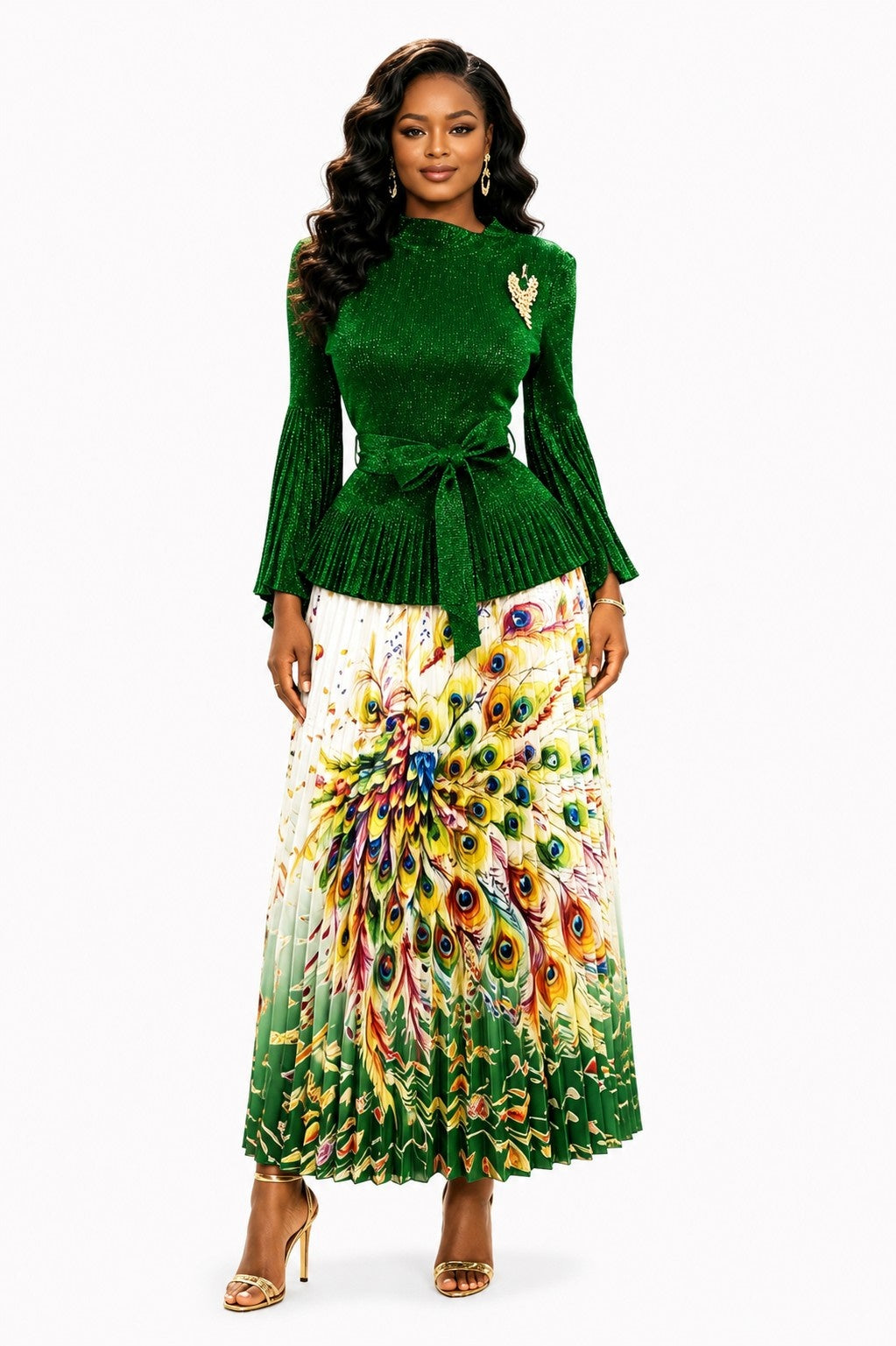 Front view of a model wearing the green For Her NYC Jeweled Puff Sleeve Midi Dress - 83454 with a jeweled brooch, belted pleated top, and multicolor peacock print skirt