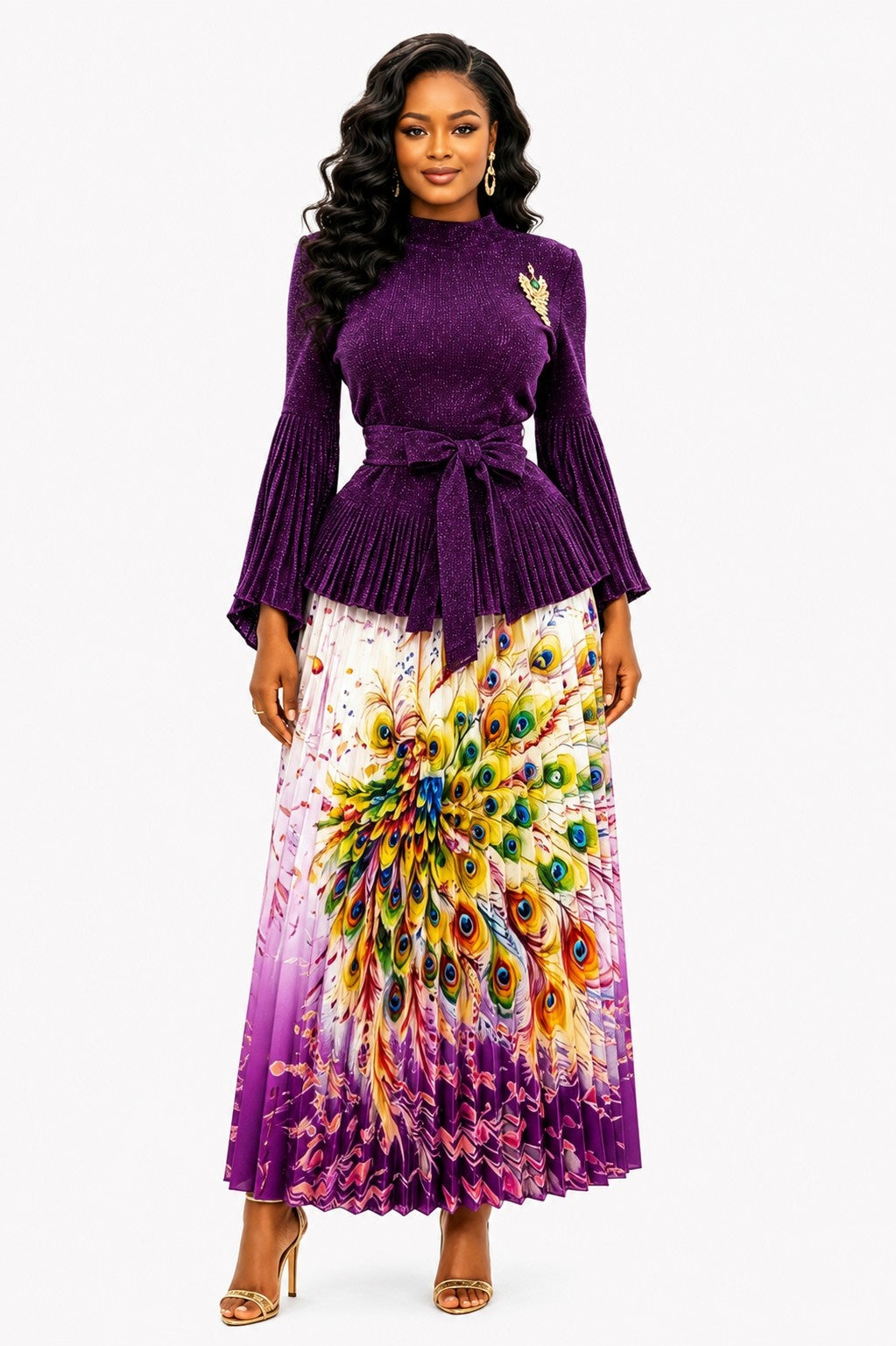 Front view of a model wearing the purple For Her NYC Jeweled Puff Sleeve Midi Dress - 83454 with a jeweled brooch, belted pleated top, and multicolor peacock print skirt