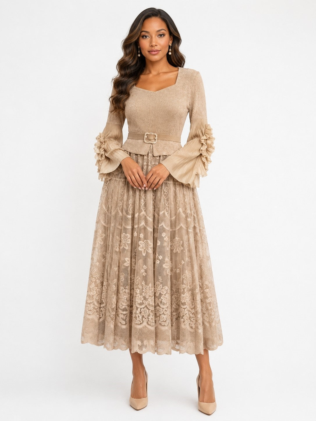 Front view of a model wearing the khaki For Her NYC Lace Pleated Midi Dress with Ruffle Sleeves - 83463, featuring a square neckline, belted waist, and floral lace skirt