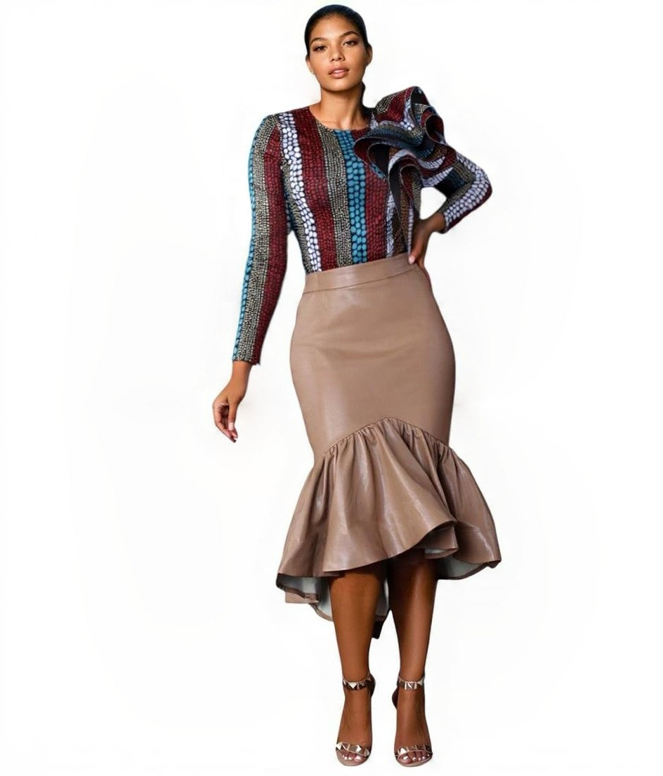 Front view of a model wearing the For Her NYC Leather Ruffle Midi Skirt - 81916, featuring a fitted silhouette and dramatic asymmetrical ruffle hem