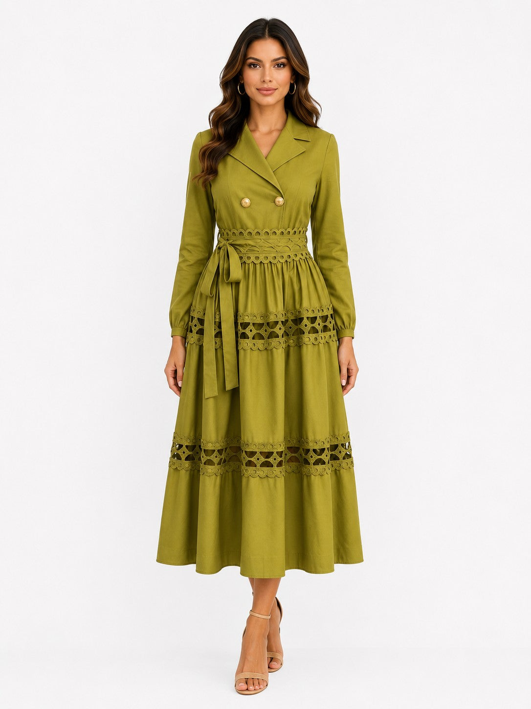 For Her NYC women's lemon green long-sleeve midi dress featuring a double-breasted blazer-style neckline, belted waist, and intricate lace trim detailing