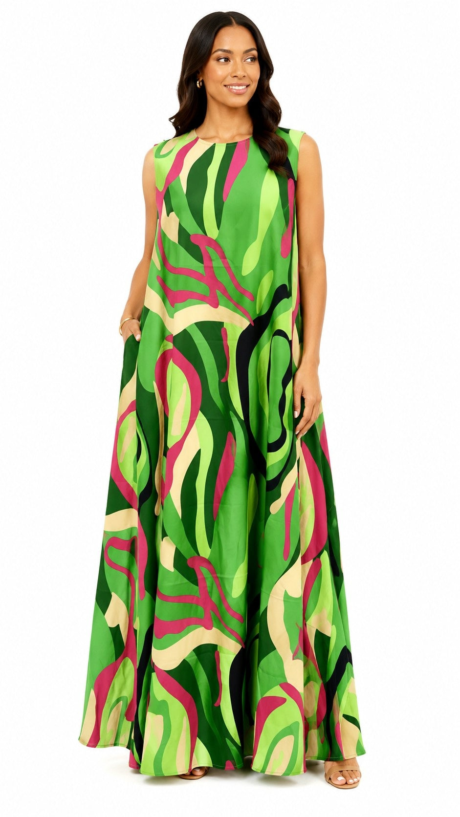 Front view of a model wearing the For Her NYC Oversized Swirls Print Maxi Dress with a vibrant green multicolor abstract swirl print and flowing maxi silhouette, style S0177.