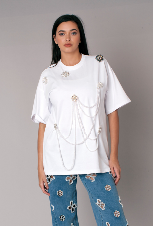 Pearl Chain Embellished Tee oversized white t-shirt with draped pearl chains and jeweled brooch accents front view For Her NYC