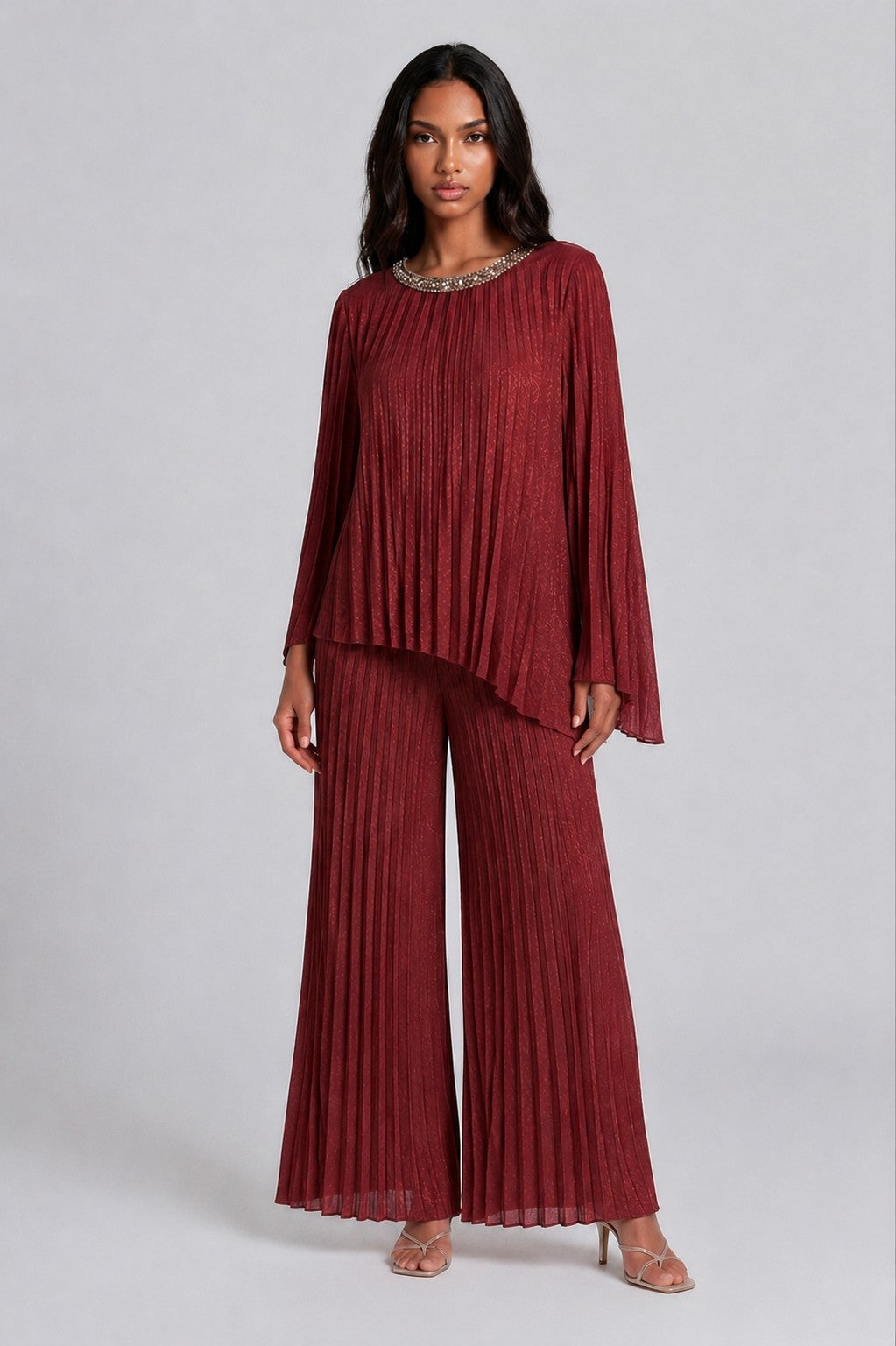 Front view of a model wearing the magenta For Her NYC Pleated Top and Wide-Leg Pant Set - 83449