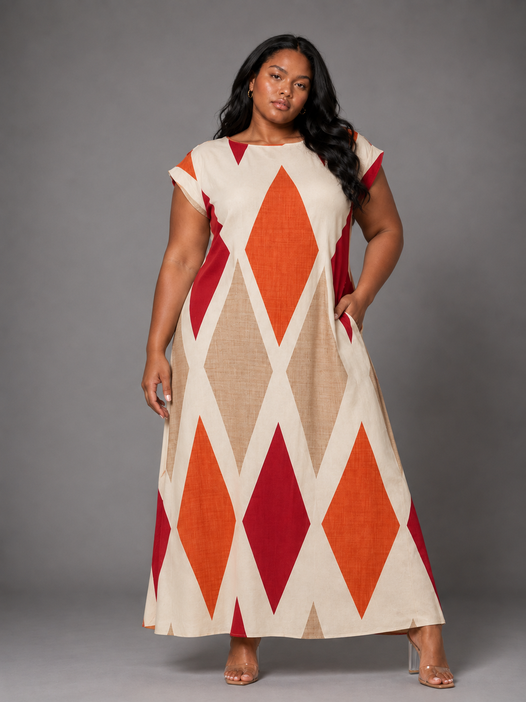 Front view of the For Her NYC Plus Size Bisa Print Pantset featuring a cream, orange, red and beige geometric print tunic with coordinating pants, style S0178.