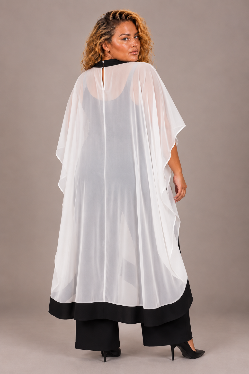 Back view of the For Her NYC Plus Size Flowy High-Low Chiffon Pant Set featuring a long sheer chiffon overlay with contrast hem and coordinating wide-leg pants, style S0281W.
