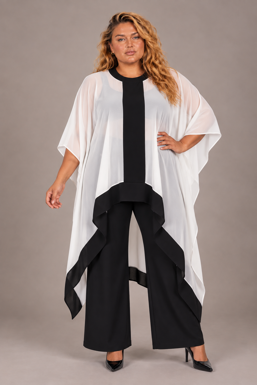 Front view of the For Her NYC Plus Size Flowy High-Low Chiffon Pant Set featuring a sheer flowing overlay with contrast trim and wide-leg pants, style S0281W.