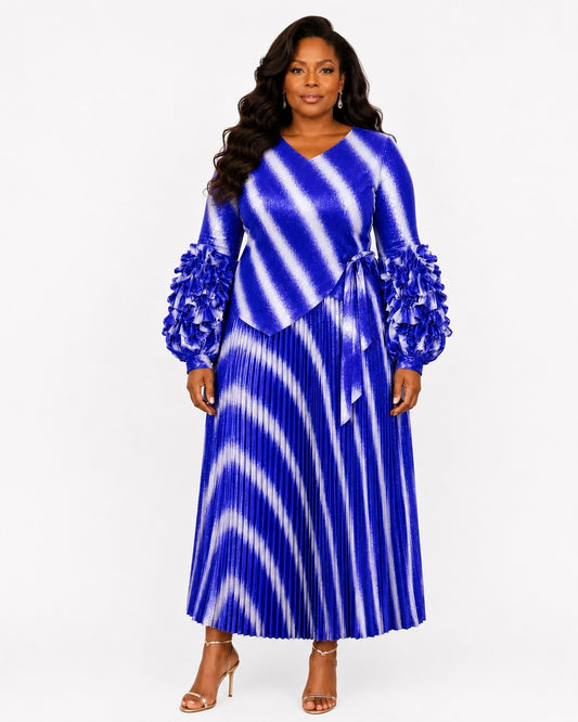 Front view of a plus-size model wearing the blue and white For Her NYC Ombre Stripe Pleated Midi Dress - 83468 with a V-neckline, wrap-style tie waist, ruffled statement sleeves, and pleated skirt
